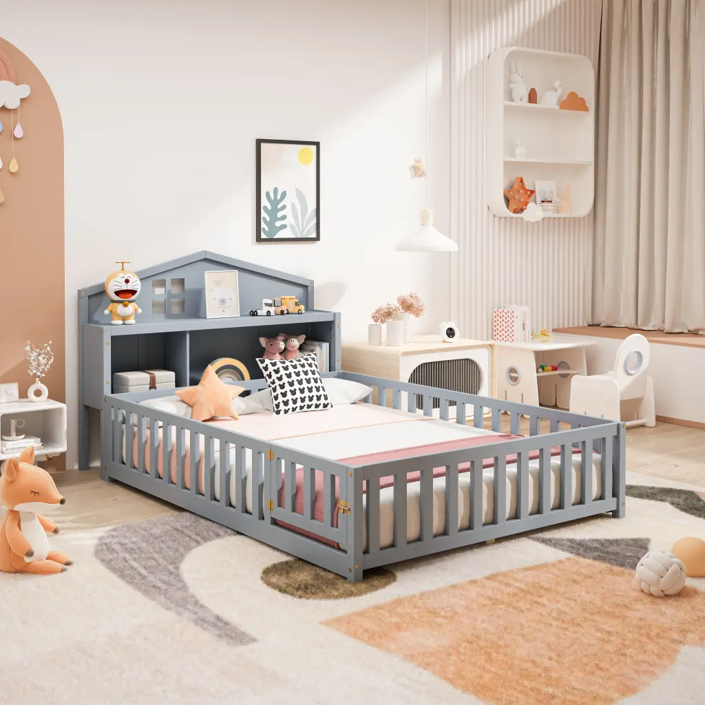Full Size Floor Bed Bookcases And Blackboards Multi Functional Platform Kids Bed junbed