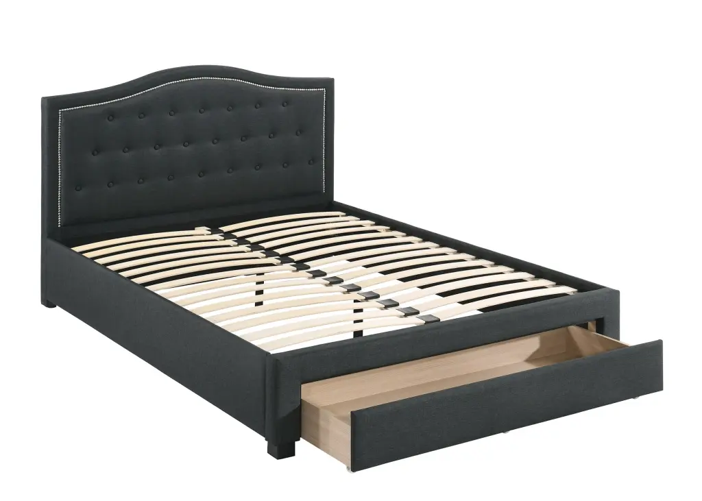 Charcoal Burlap Fabric Full Size Bed Drawer and Button Tufted Arch kanepe