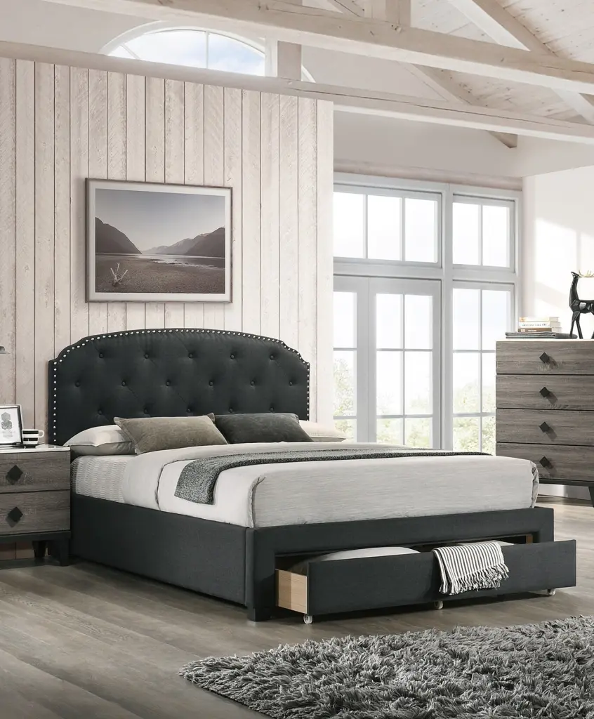 Charcoal Burlap Fabric Queen Size Bed Drawer Button Tufted Headboard kanepe