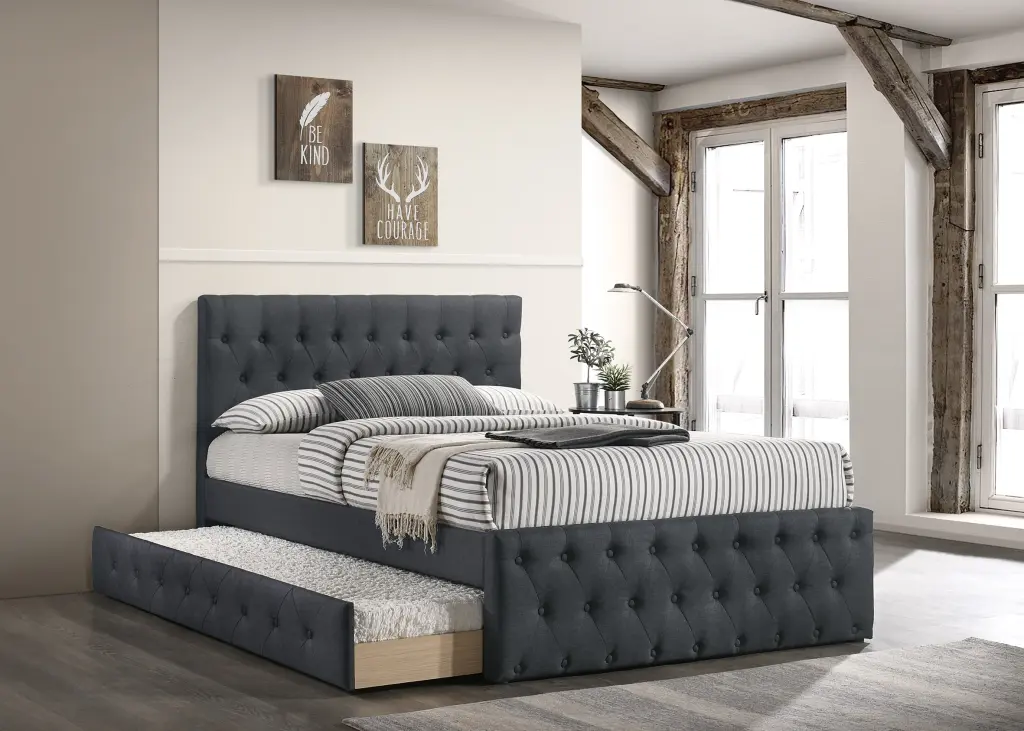 Contemporary Full Size Bed Trundle - Charcoal Burlap Upholstered Frame kanepe