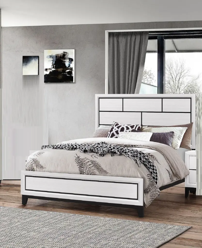 Contemporary White Finish Queen Size Panel Low Profile Bed Geometric Design kanepe