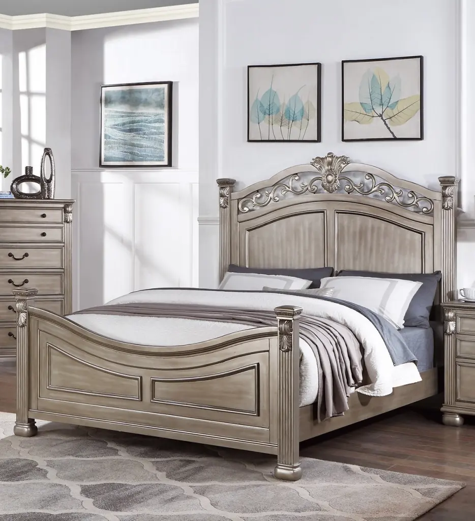 Formal Traditional Antique Silver 1Pc Queen Size Bed Frame kanepe