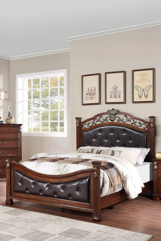 Formal Traditional Dark Cherry 1-Piece California King Size Bed Tufted Faux Leather kanepe