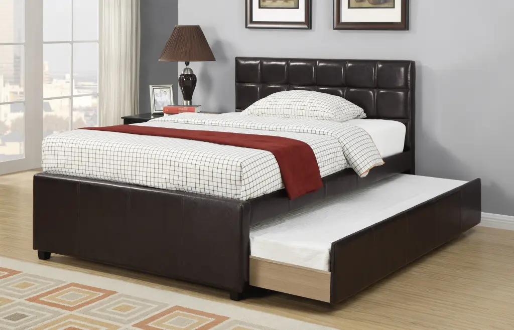 Full Size Bed Trundle Slats Espresso Faux Leather Plywood Frame kanepe