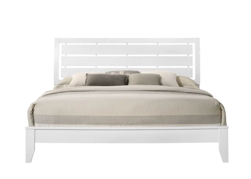 King Size White Finish Panel Bed Geometric Design Softly Curved Frame kanepe
