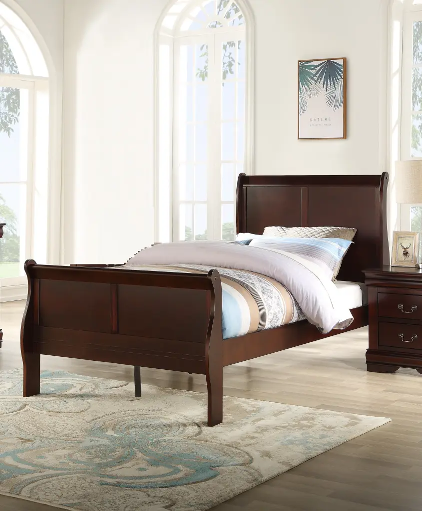 Louis Phillipe Brown Cherry Finish Twin Size Youth Panel Sleigh Bed Solid Wood kanepe