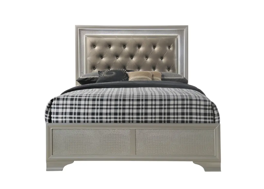 Modern Champagne Crocodile Skin Finish Upholstered Queen Size LED Bed - Luxurious Design kanepe