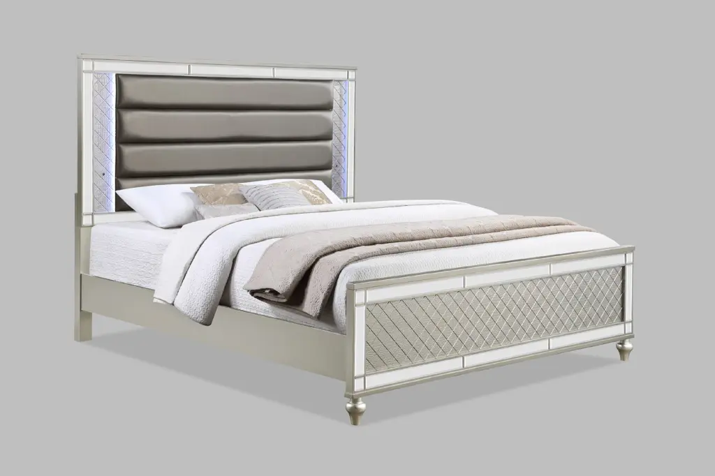 Modern Glam Style Champagne Finish Queen Size Panel Bed White & Blue Luxury Bedroom Furniture kanepe