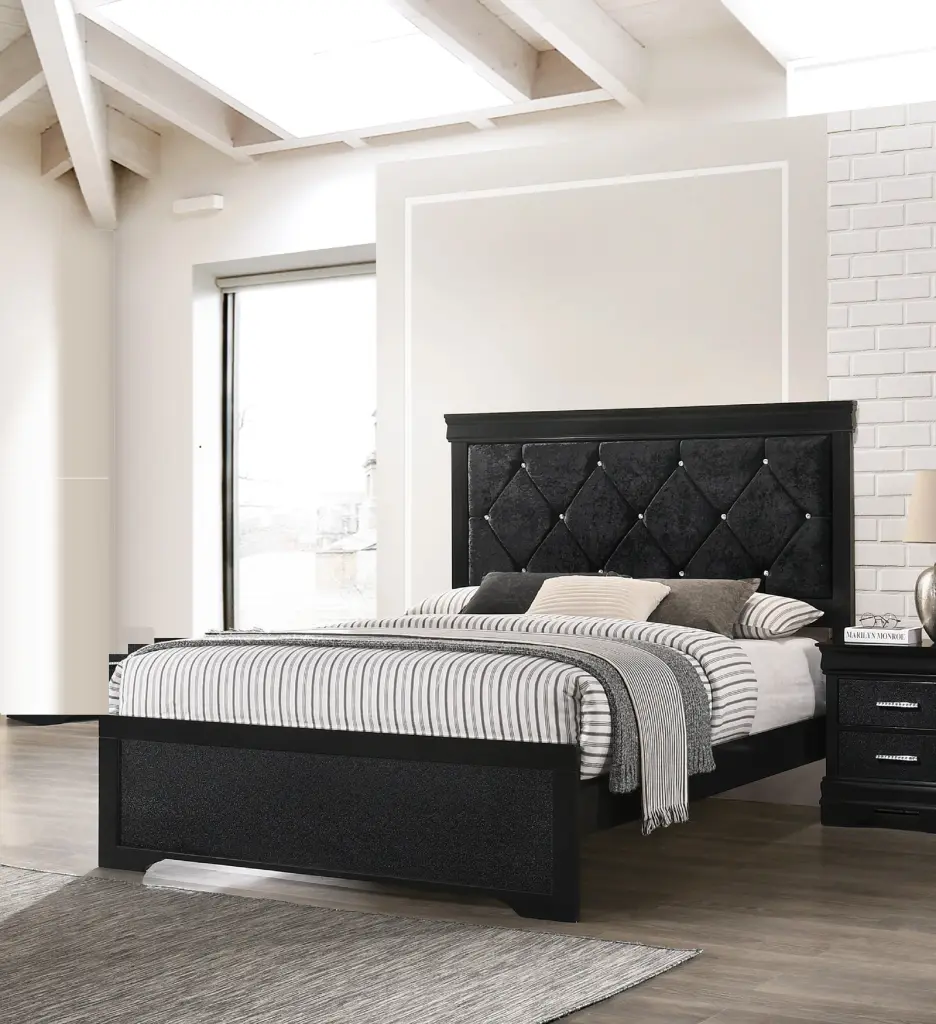 Modern 1 Piece Black Finish Full Size Panel Bed Wooden Fabric Upholstered kanepe