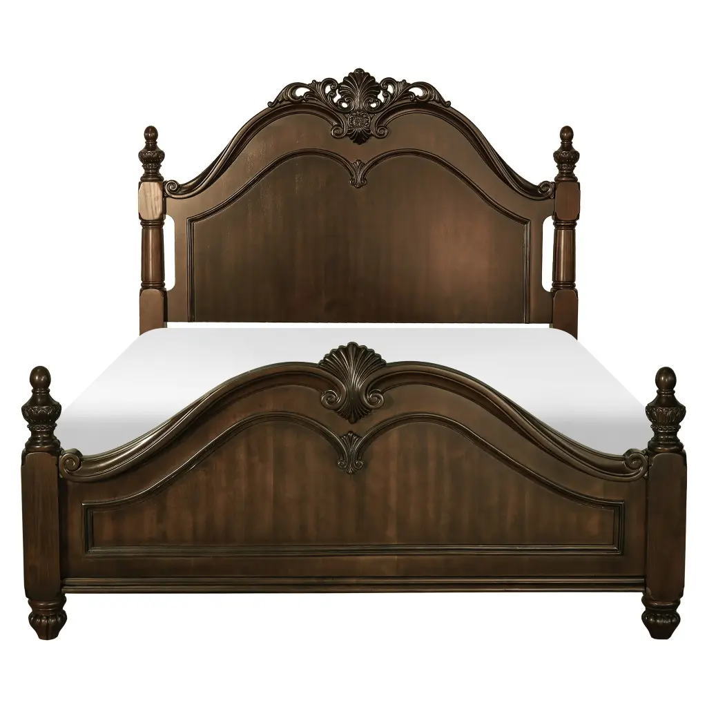 Timeless Traditional Queen Bed Carved Finials Dark Cherry Finish kanepe