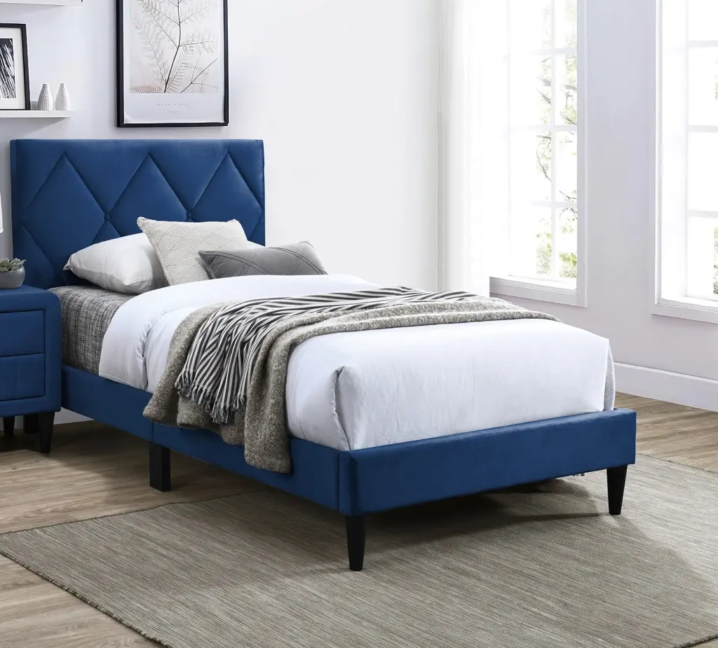 Twin Size Bed Adjustable Headboard 1Pc Bedframe Navy Blue Velvet Upholstered kanepe