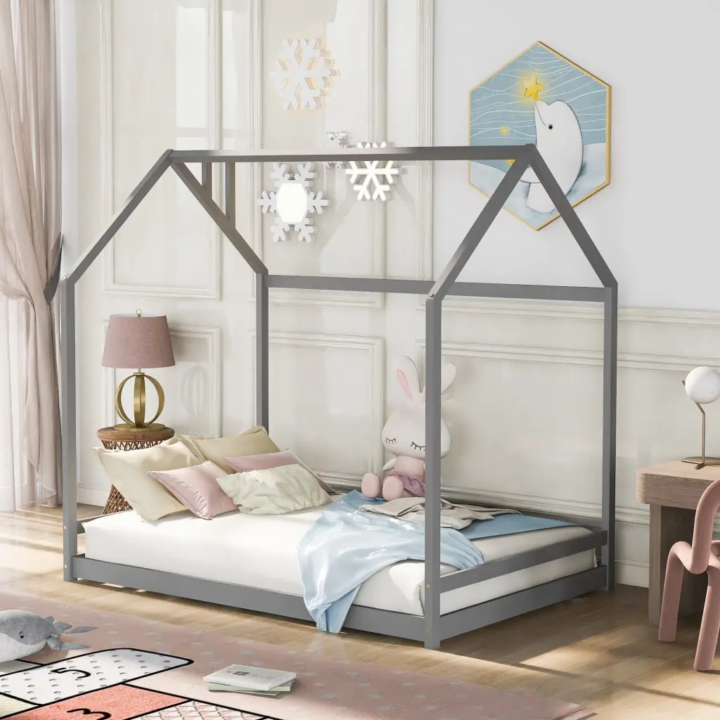 Full Size Houtilize Bed Wood Bed Gray Solid Wood Platform Bed Frame lucky furniture