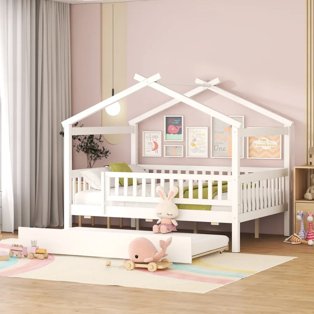Full Size Wooden Houtilize Bed Twin Size Trundle White lucky furniture