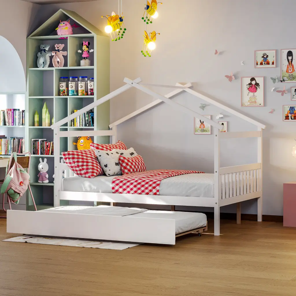 Full Size Wooden Houtilize Bed Twin Size Trundle White Finish Solid Wood Frame Space Saving Design lucky furniture