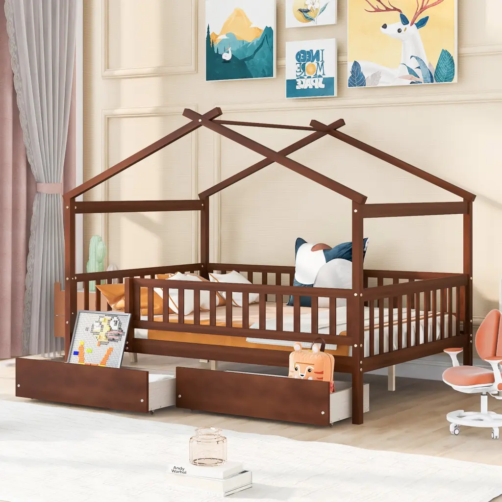 Full Size Wooden Houtilize Bed Two Drawers Walnut Box Spring Not Required lucky furniture