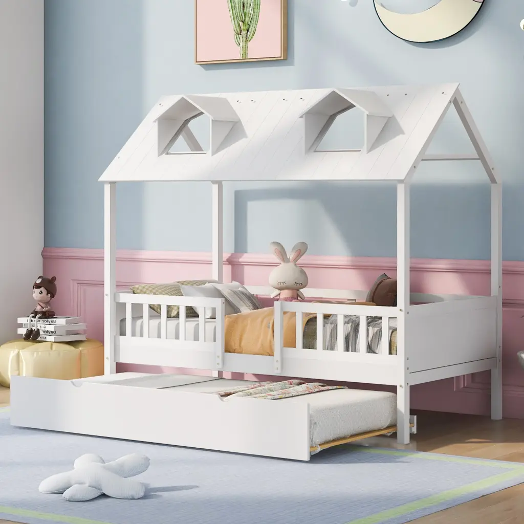 Twin Size Houtilize Bed Wood Bed Twin Size Trundle White Solid Wood Frame lucky furniture
