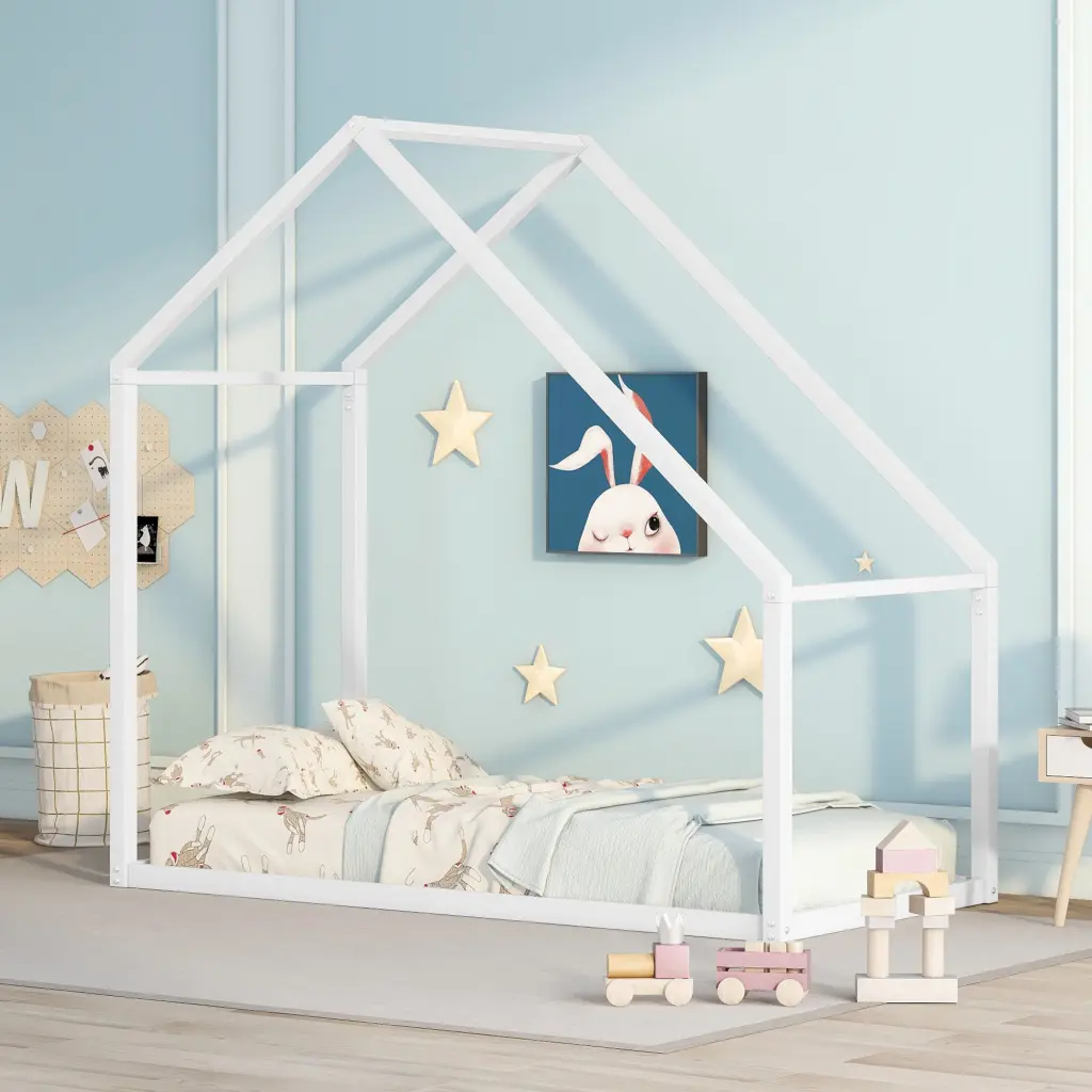 Twin Size Metal Houtilize Bed Kids Bed White Metal Frame lucky furniture
