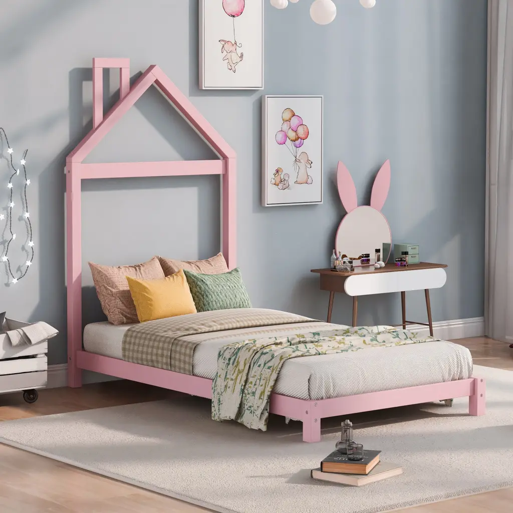 Twin Size Wood Platform Bed Headboard - Pink Solid Wood Frame lucky furniture