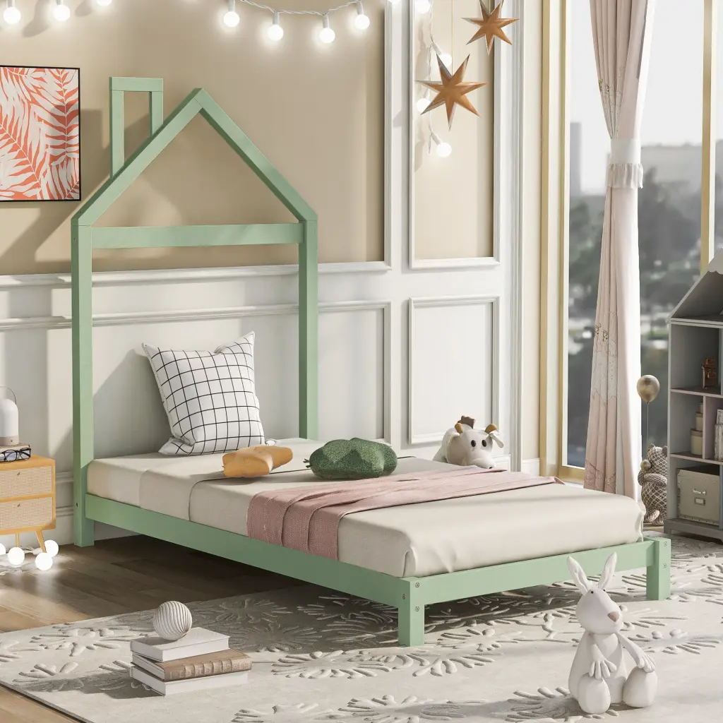 Twin Size Wood Platform Bed Houtilize Influenced Headboard Green lucky furniture