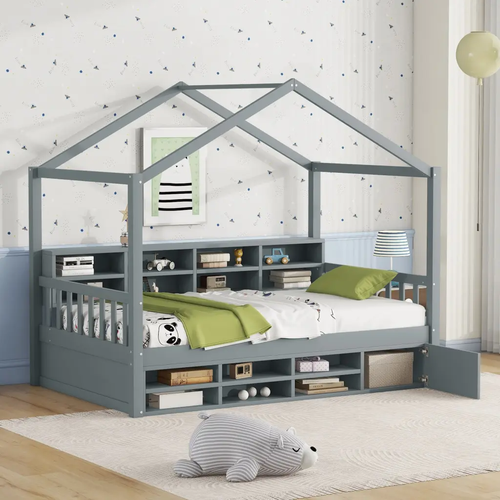 Twin Size Wooden Houtilize Bed Shelves and Mini Cabinet Gray lucky furniture