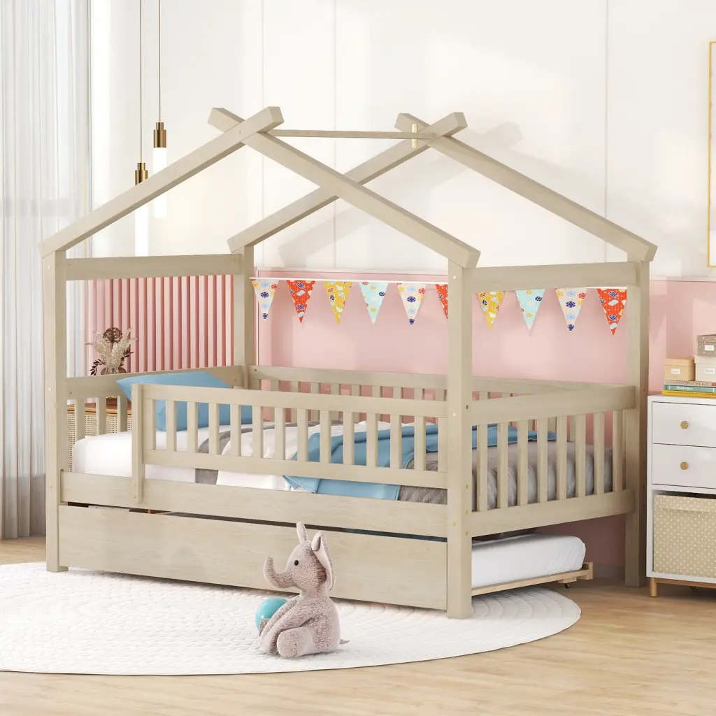 Twin Size Wooden Houtilize Bed Twin Size Trundle Natural Finish lucky furniture