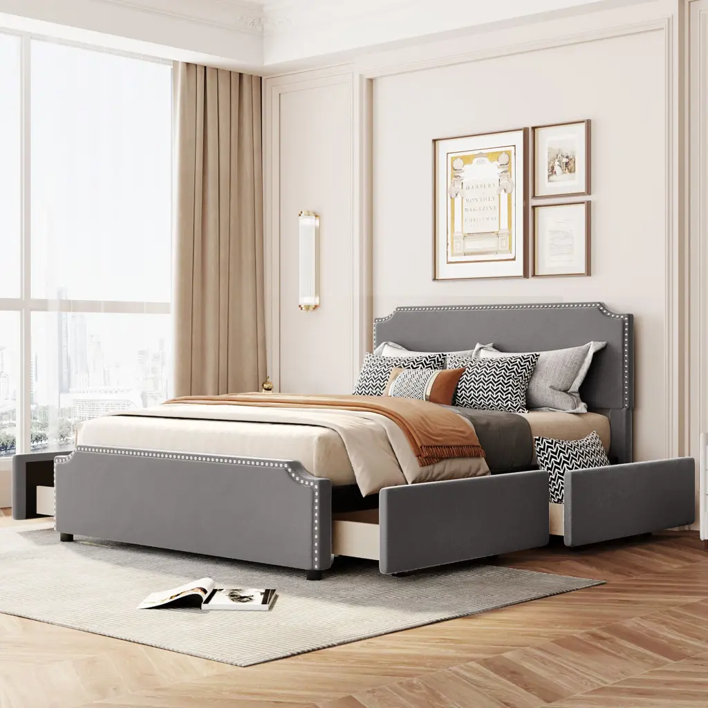 Upholstered Platform Bed Stud Trim Headboard And Footboard Full Size lucky furniture