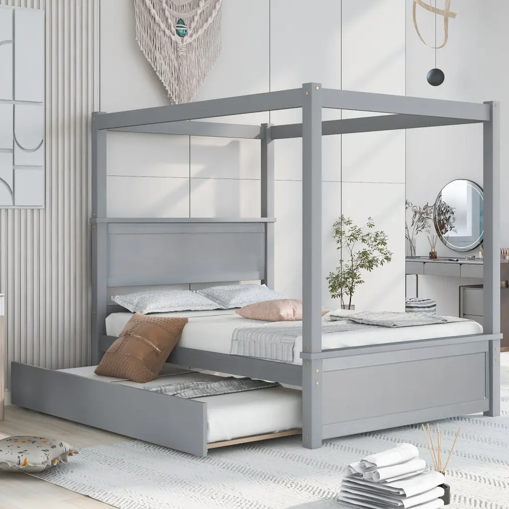 Wood Canopy Bed Trundle Bed Full Size Platform Bed Storage lucky furniture