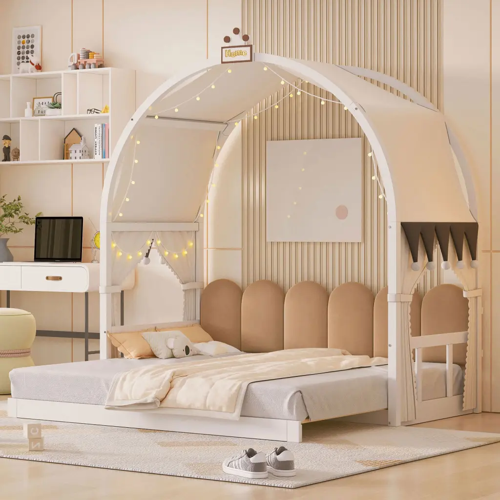 Twin Size Extended Bed Arched Roof And Trundle White Kids Bed lucky home