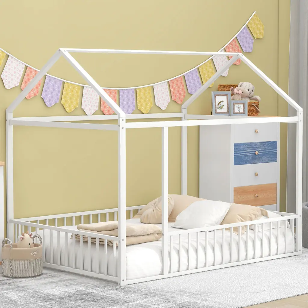 Full Size Metal House Bed Frame Fence Kids Teens Girls lucky world