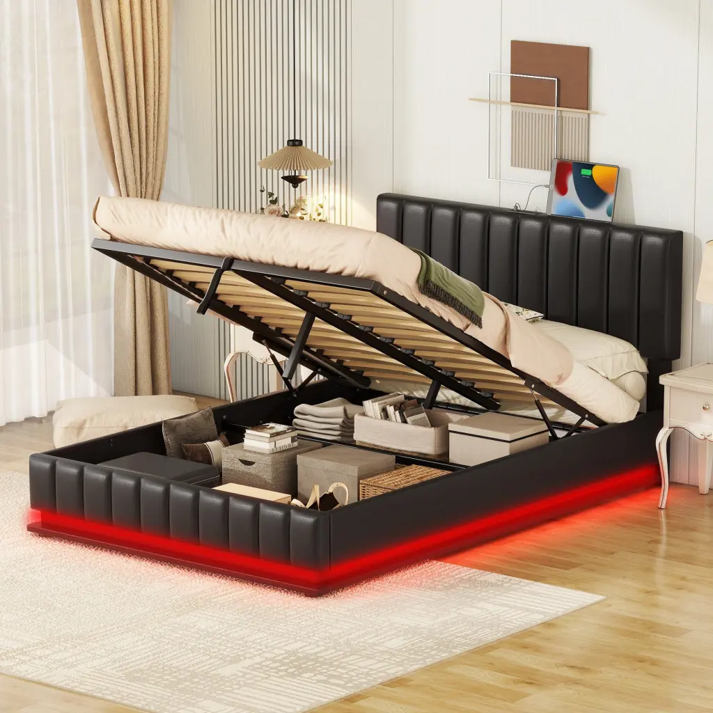 Full Size Upholstered Bed Hydraulic Storage System and LED Lights lucky world