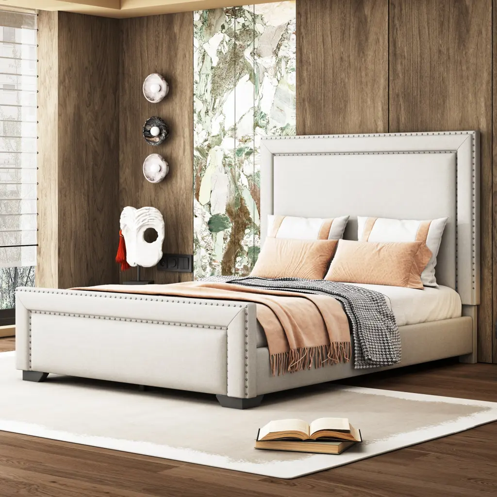 Queen Size Upholstered Bed Modern Bed Frame Wooden Slats Support Comfortable lucky world
