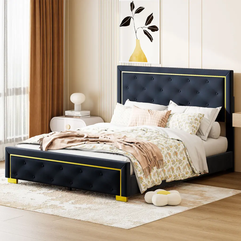 Queen Size Upholstered Platform Bed Pull Point Headboard And Metal Frame lucky world