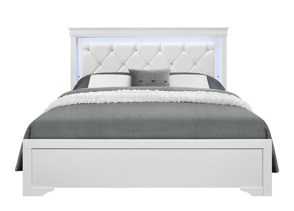 Shaker Crocodile Metallic White Queen Bed LED White Solid Wood MDF luxe modern furniture