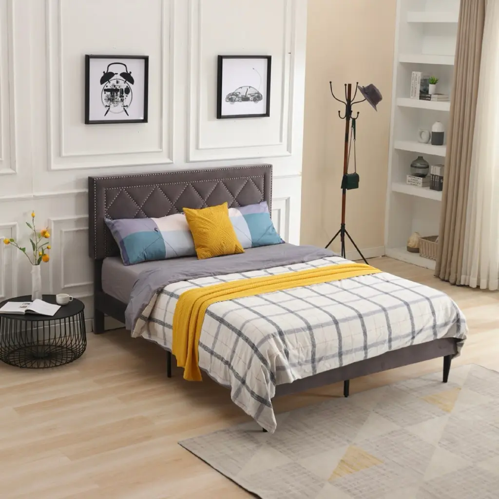 Modern Suede Velvet Curved Upholstered Queen Bed Dark Grey Polyester o-life furniture