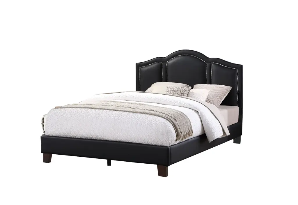 Queen Bed Black Light Brown Panel Faux Leather Upholstery poundex