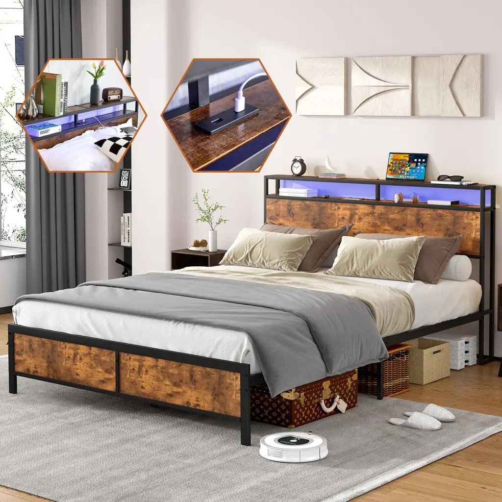 Industrial Full Bed Frame LED Lights and 2 USB Ports rnb