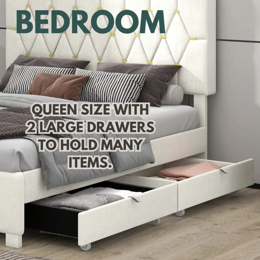 Beige Queen Size Trundle Pull Out Drawers Storage Upholstered Bed serene home