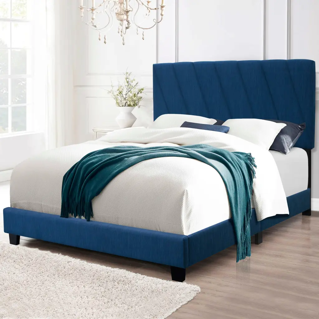Blue Queen Adjustable Upholstered Bed Modern Minimalist Platform Bed Frame serene home