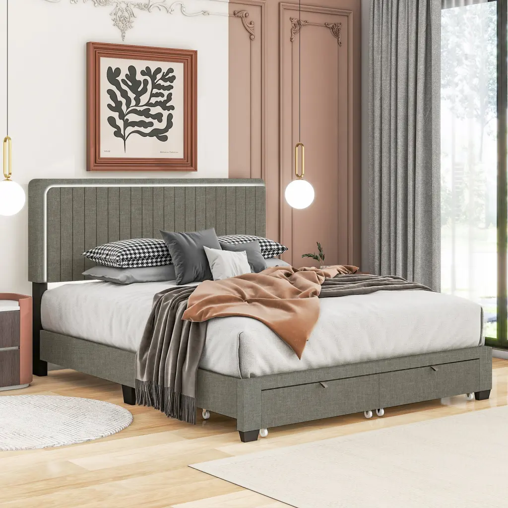 Queen Size Upholstered Bed Adjustable Height Mattress 10 To 14 Inch Platform Bed Frame serene home