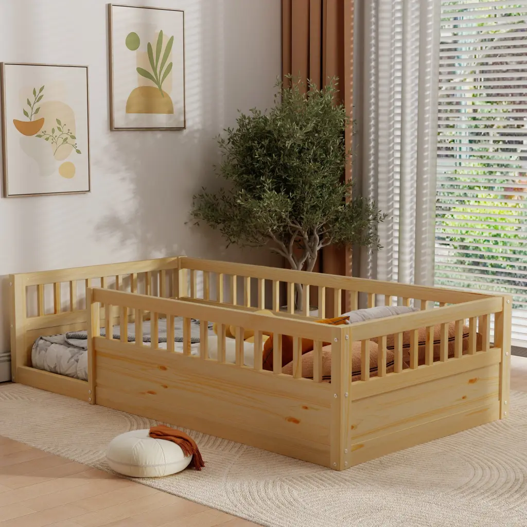 Twin Floor Bed Frame Fence Wood Kids Floor Bed Bedroom w2593