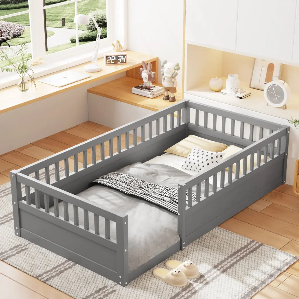 Twin Floor Bed Frame Fence Wood Kids Floor Bed Frame Bedroom w2593