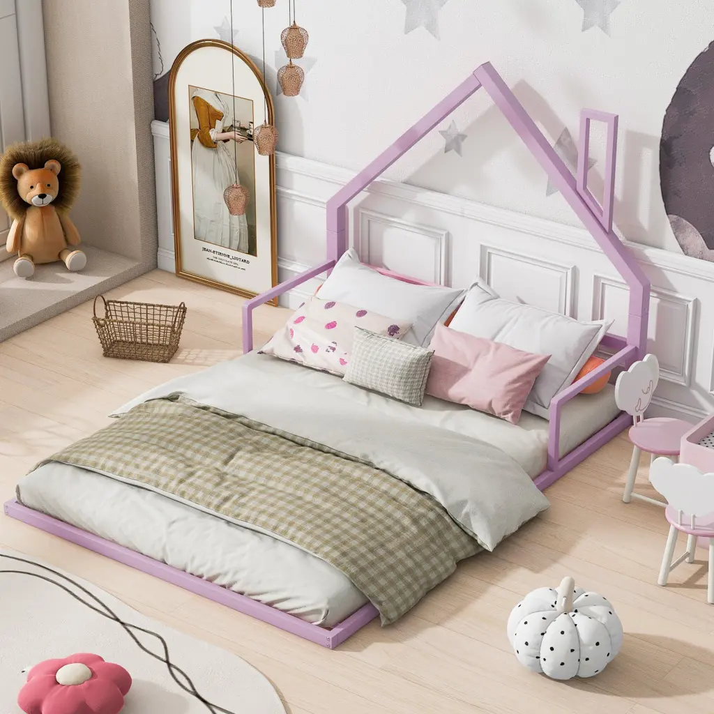 Full Size Metal Floor Bed Headboard and White Box Spring wm dreamland