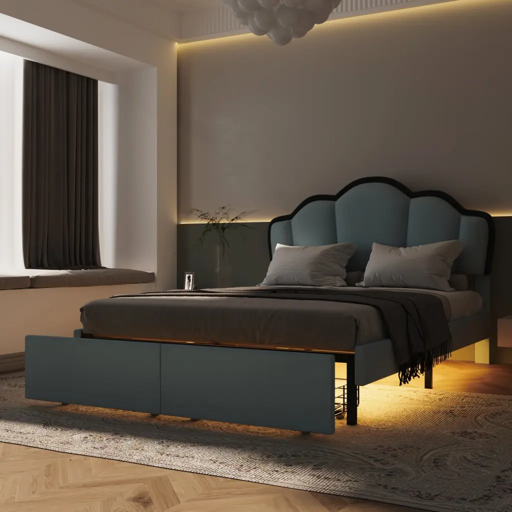 Full Size Upholstered Princess Platform Bed LED And 2 Storage Drawers wm dreamland