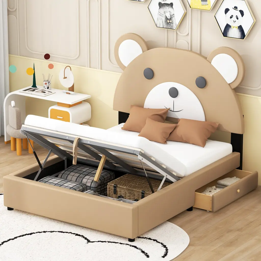 Full Size Upholstery Platform Bed Frame Cute Bear Headboard wm dreamland