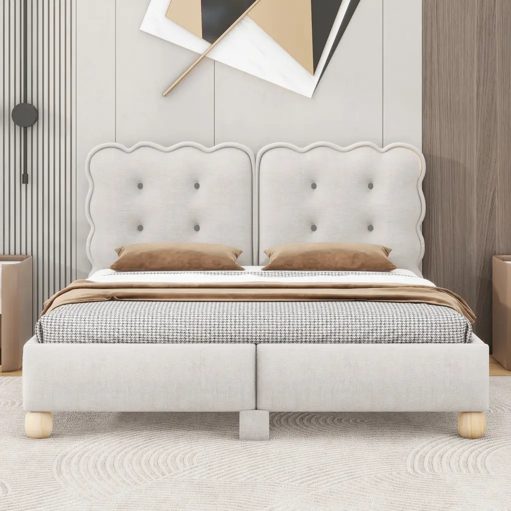 Queen Size Upholstered Platform Bed Substantial Legs Beige Fabric Bed Frame wm dreamland
