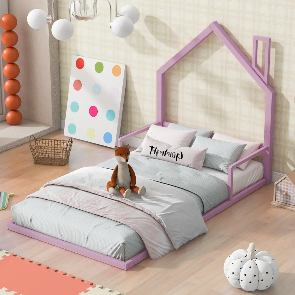 Twin Size Metal Floor Bed Houtilize Influenced Headboard Pink Box Spring wm dreamland