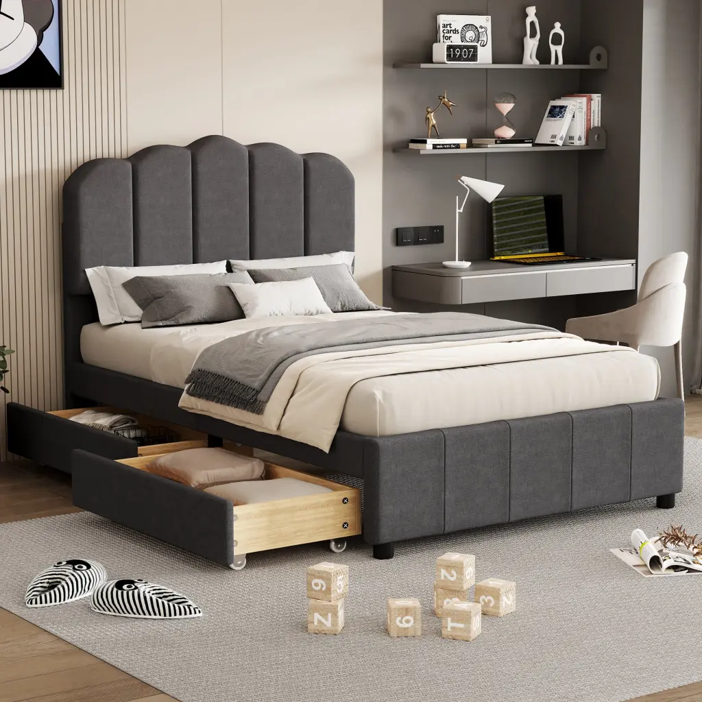 Twin Size Upholstered Bed 2 Storage Drawers and Wood Slat Support wm dreamland