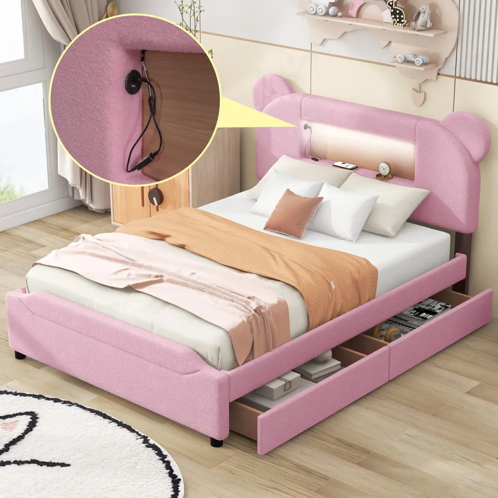 Full Size Upholstered Storage Platform Bed Cartoon Ears Headboard wm store