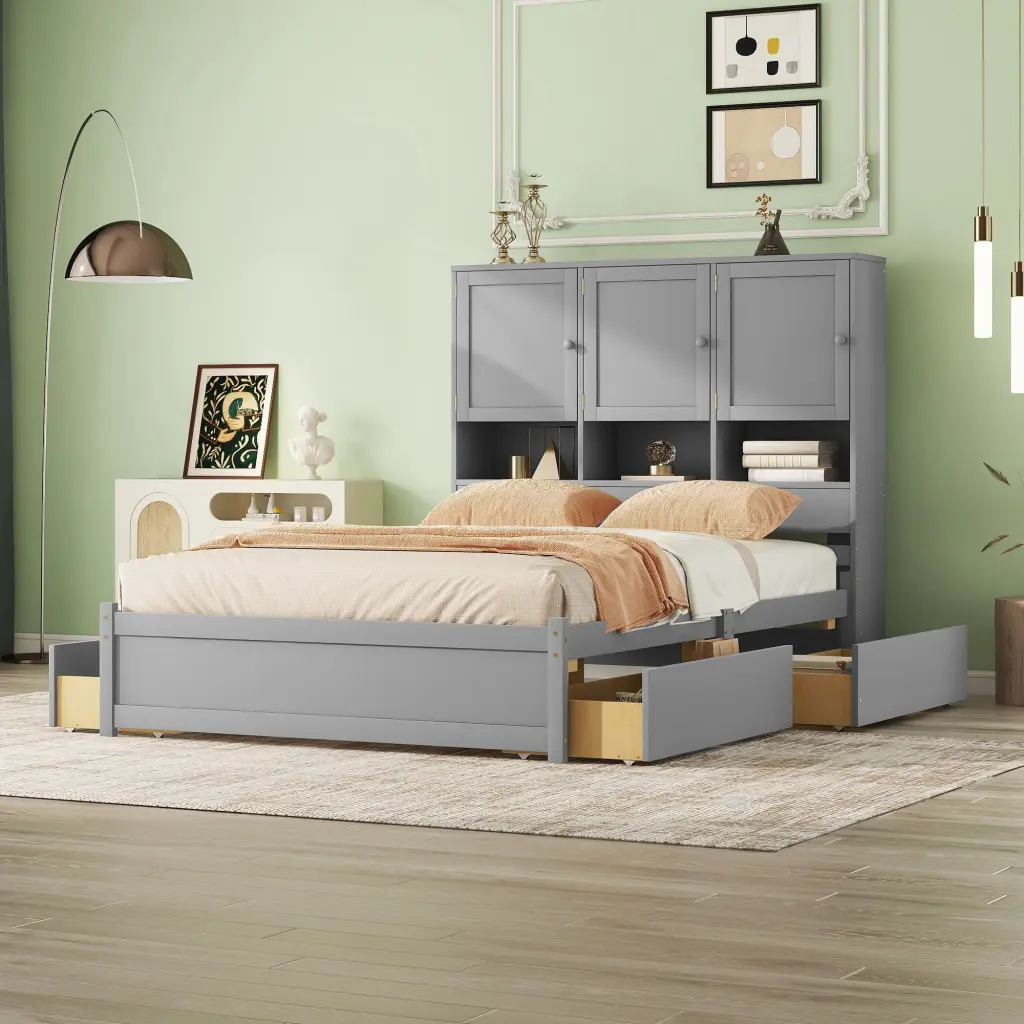 Queen Size Platform Bed Storage Headboard and 4 Drawers Gray Box wm store