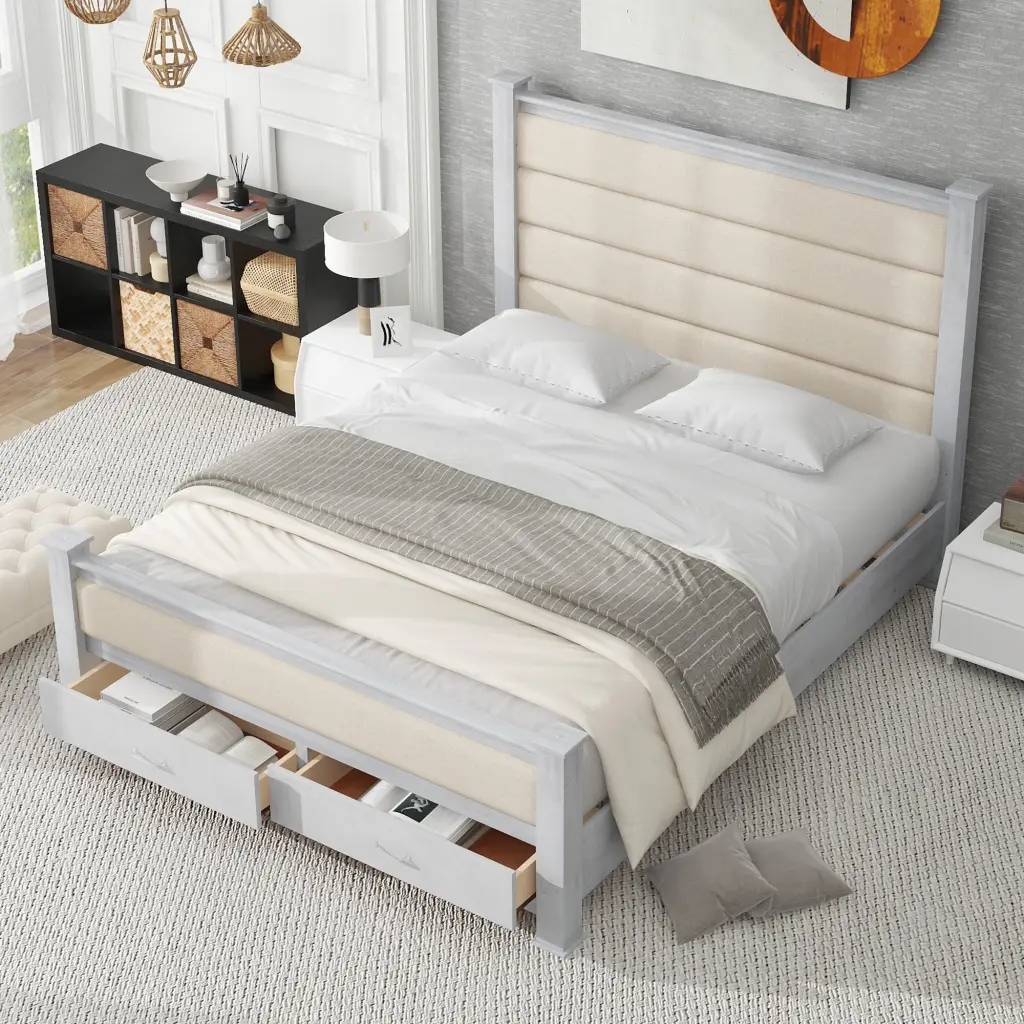 Queen Size Wood Frame Platform Bed Upholstered Headboard Footboard Modern Bedroom Furniture wm store